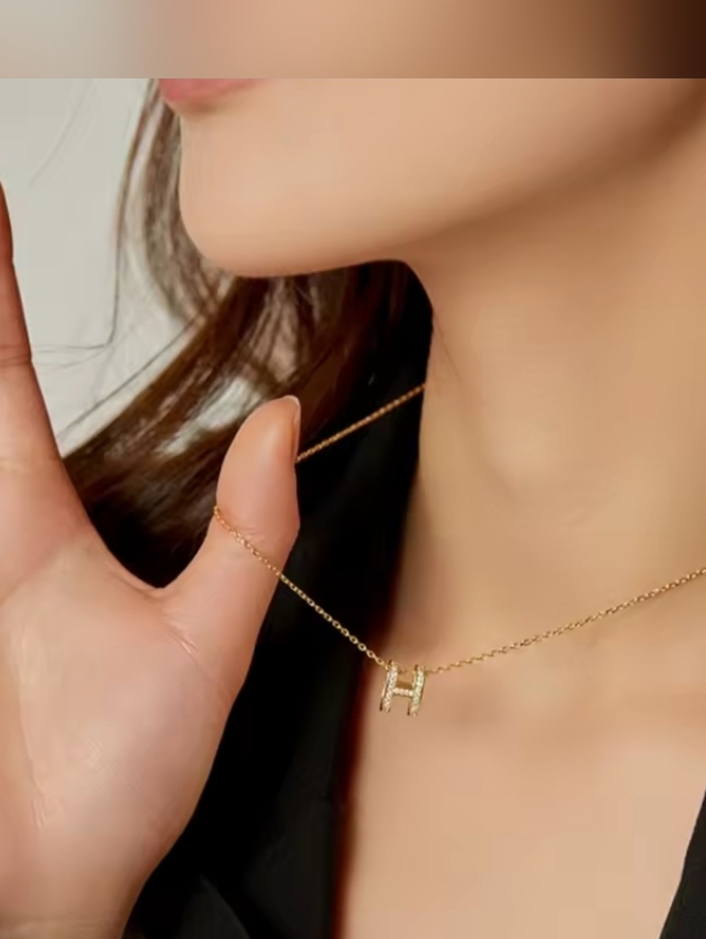 Gold Plated CZ H-Shaped Initial Pendant Necklace and Rose Gold Bangle Set Gifts - Picture 4 of 13